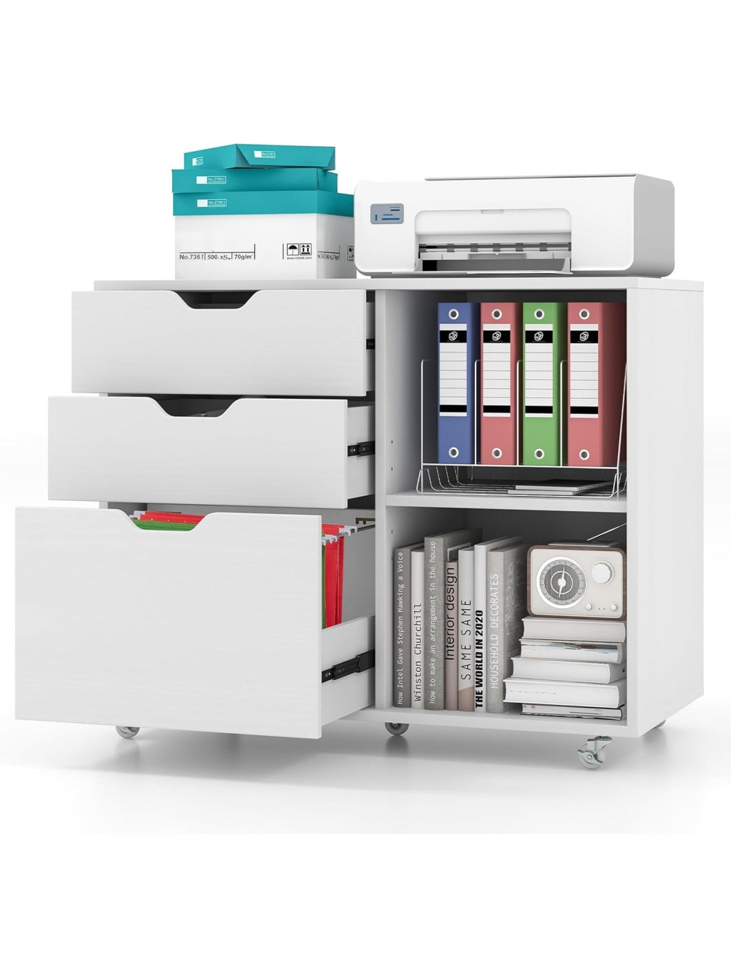 Mueble Archivador Movil con Tres Cajones Ruedas y Estante Regulable para Carpetas A4 Carta y Legal Blanco