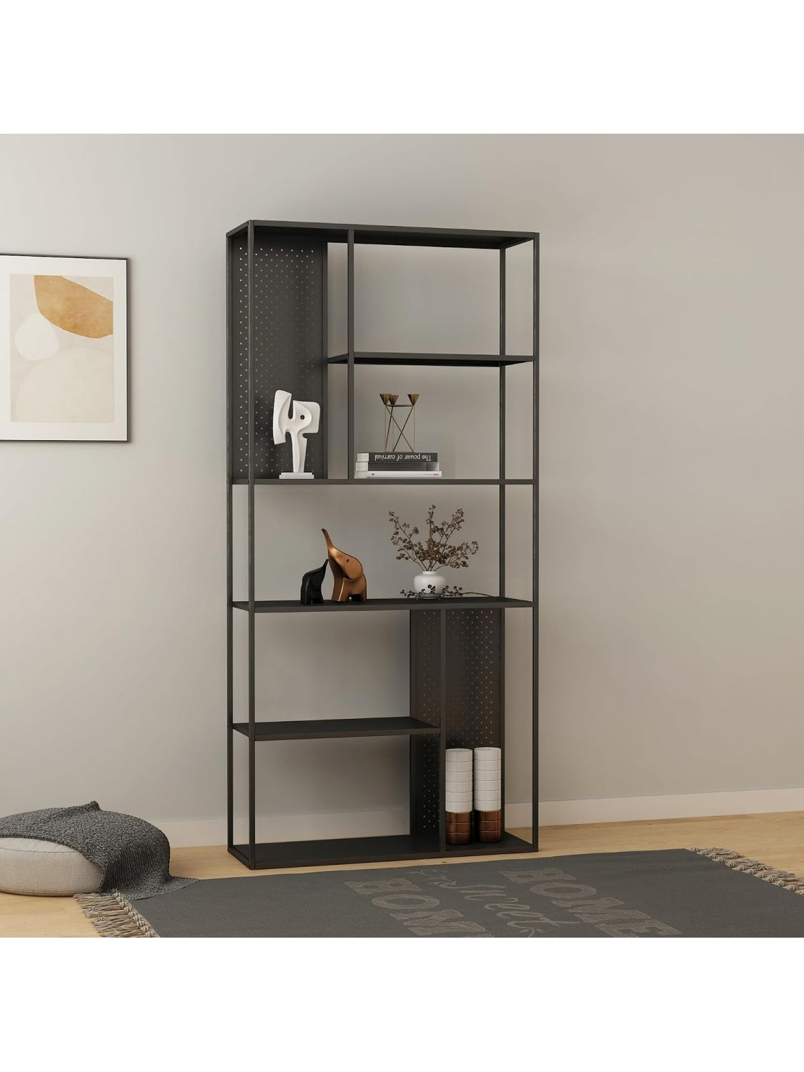 Estanteria Industrial de Pie con Siete Compartimentos Abiertos y Paneles Traseros Decorativos