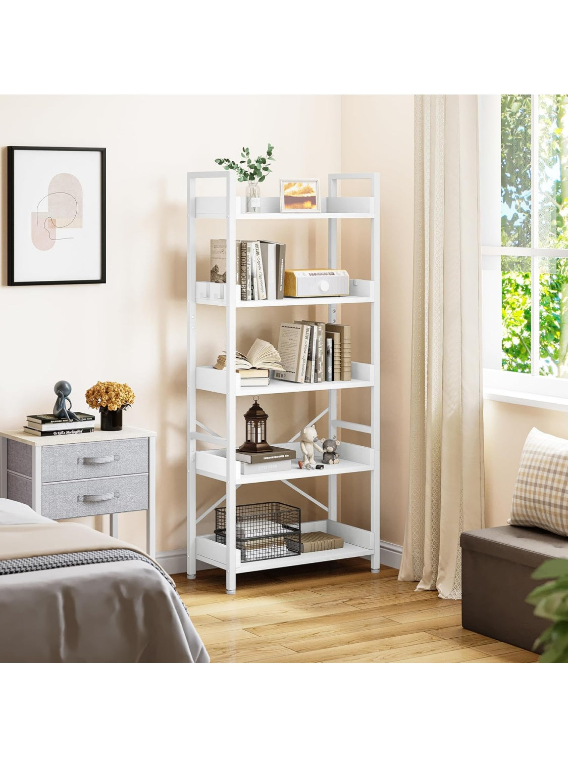 Libreria Industrial de 5 Niveles con Estantes de Madera, Estructura Metalica y Ganchos Laterales