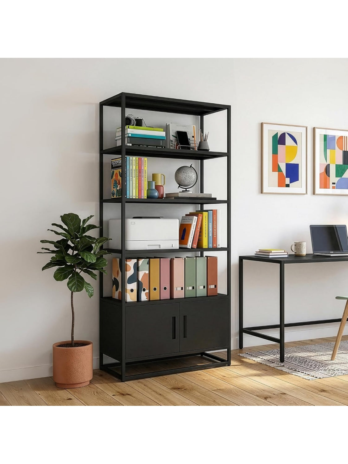 Libreria Alta de 4 Niveles con Armario Cerrado y 5 Estantes para Cocina, Oficina o Salon