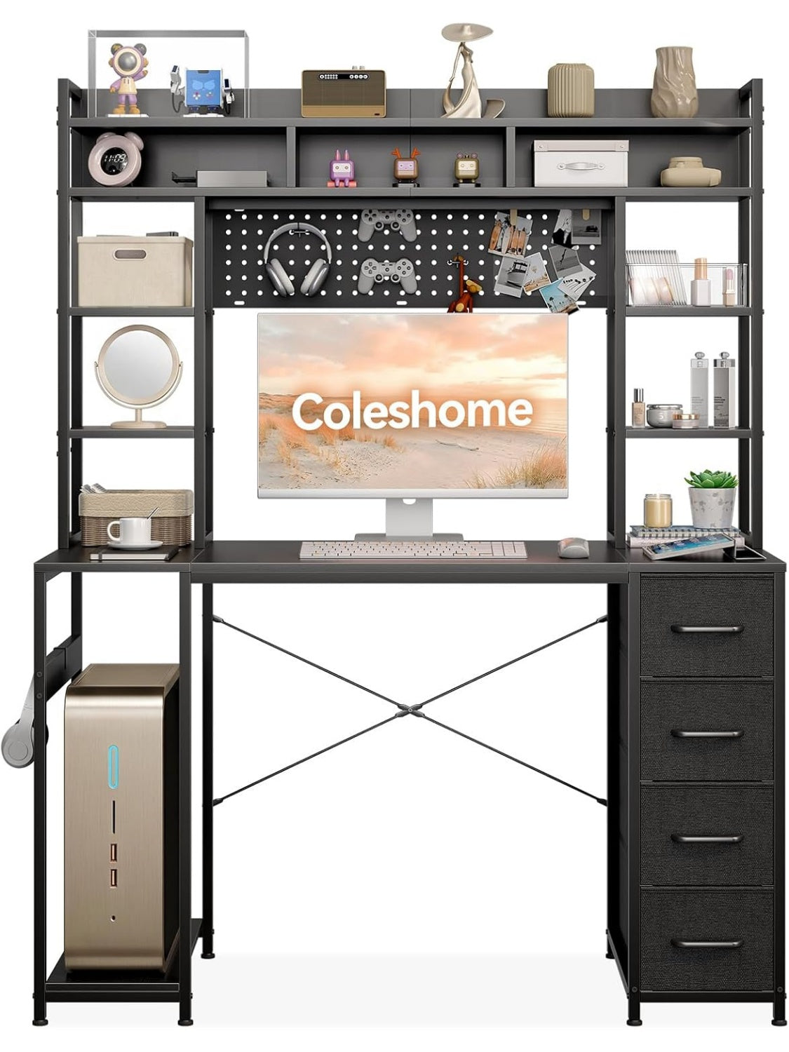Mesa de Ordenador Compacta con Cuatro Cajones Textiles para Oficina Estudio y Zona de Trabajo Negro