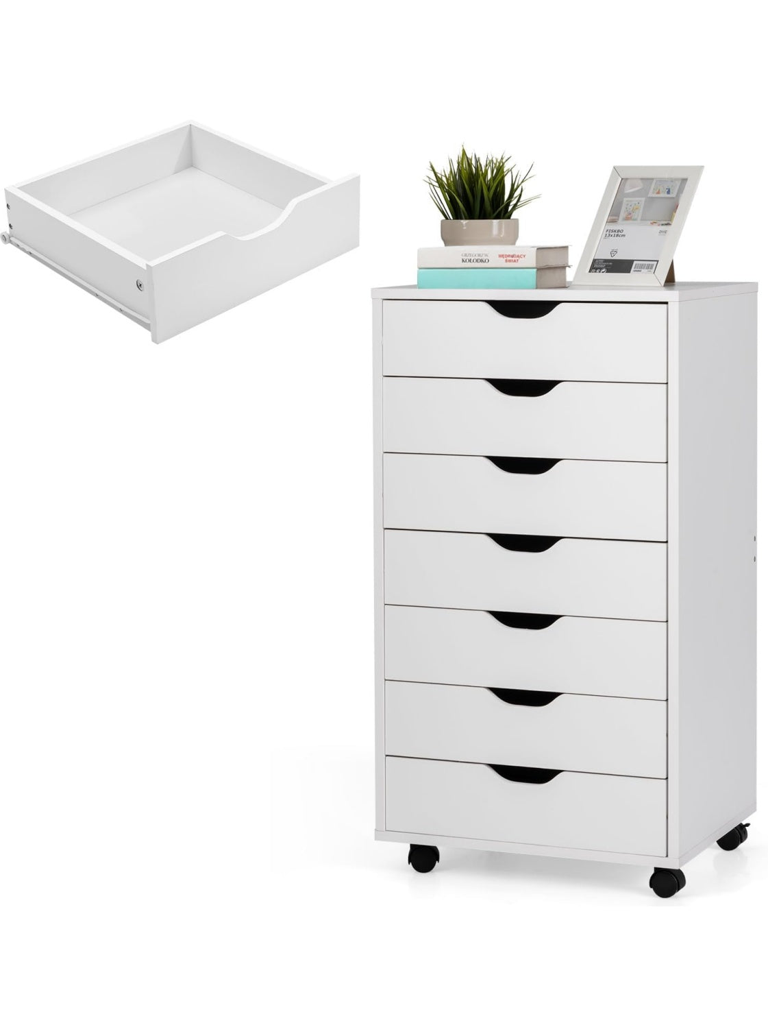 Mueble Organizador con Siete Cajones Ruedas Bloqueables y Soporte para Impresora para Oficina y Dormitorio Blanco