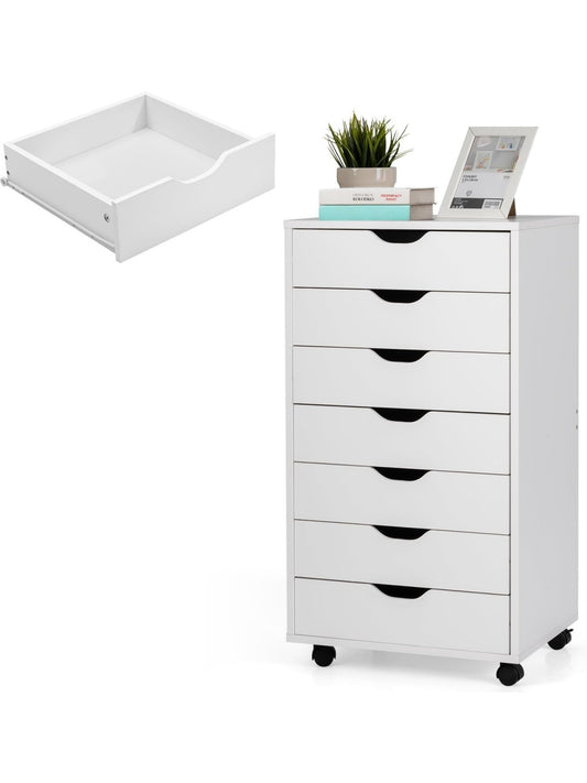 Mueble Organizador con Siete Cajones Ruedas Bloqueables y Soporte para Impresora para Oficina y Dormitorio Blanco