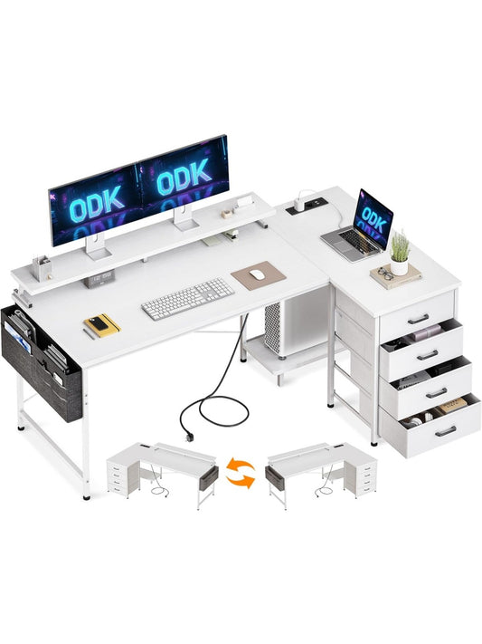 Escritorio Esquinero Reversible con 4 Cajones de Tela Estante para Monitor y Conexiones USB Blanco
