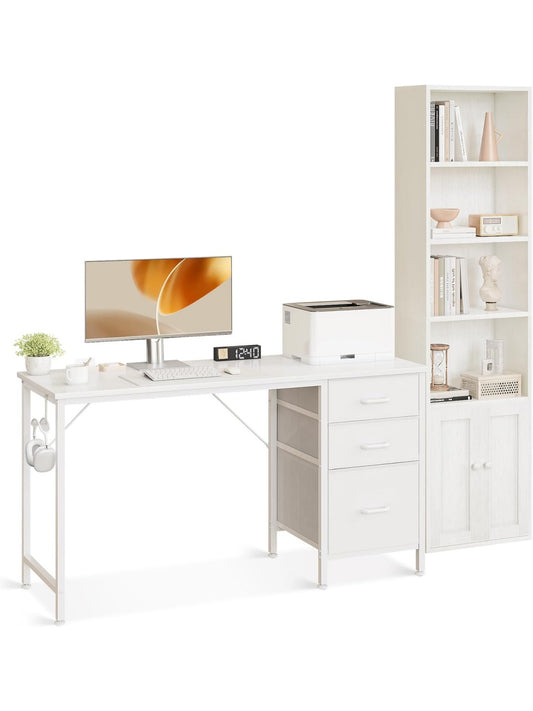 Set de Oficina con Mesa Reversible Cajones Textiles y Estanteria Vertical de Seis Niveles con Armario Blanco