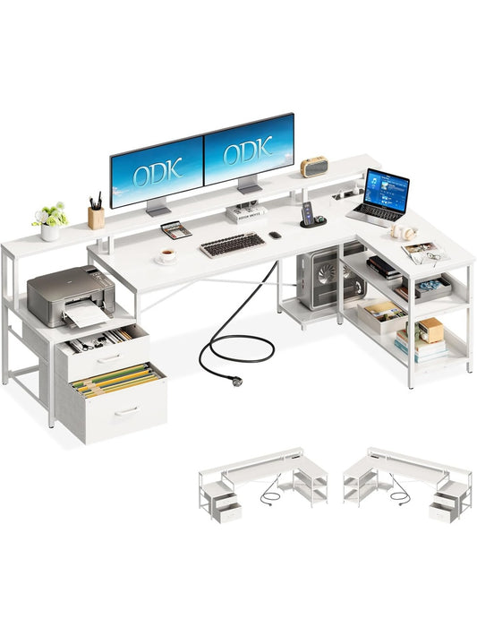 Escritorio Esquinero Amplio en L con Superficie Reversible Estantes Auxiliares Conexiones USB y Enchufe Blanco