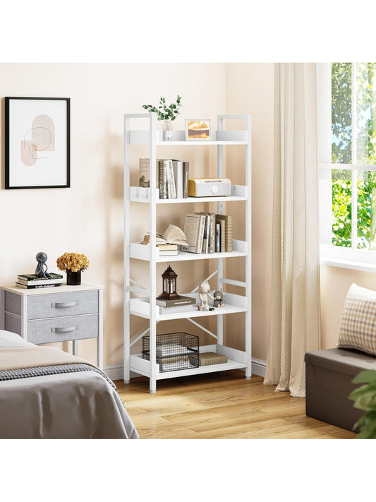 Libreria Industrial de 5 Niveles con Estantes de Madera, Estructura Metalica y Ganchos Laterales
