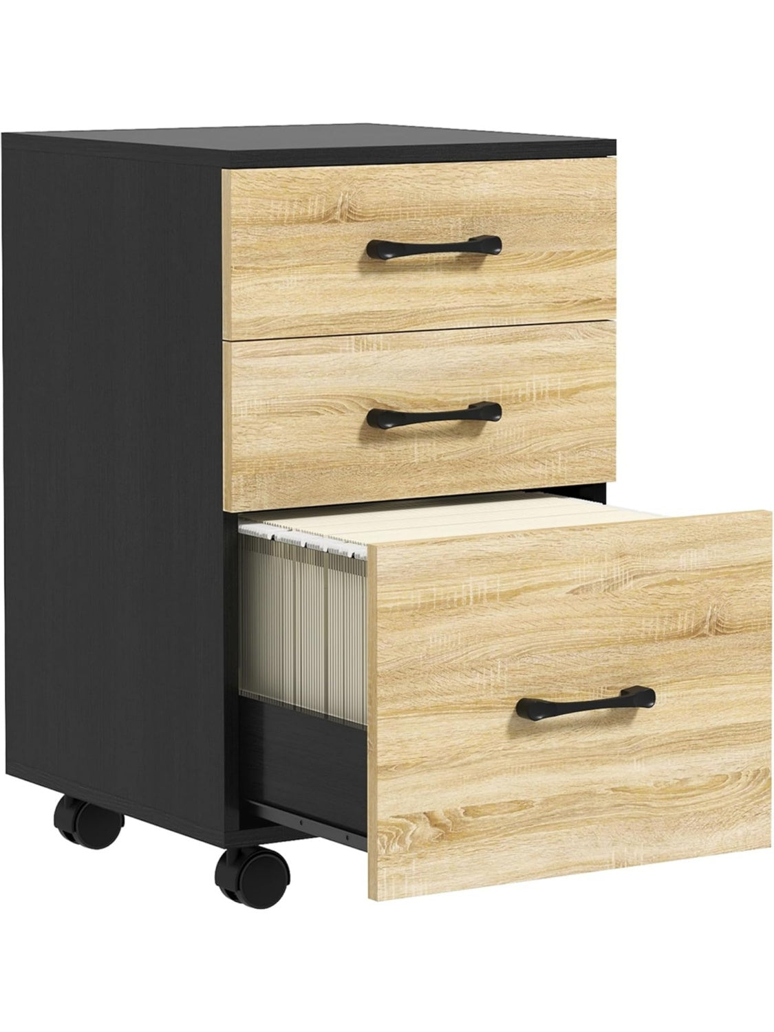 Archivador Compacto con Tres Cajones Cuatro Ruedas y Espacio para Documentos A4 y Carta Roble Negro
