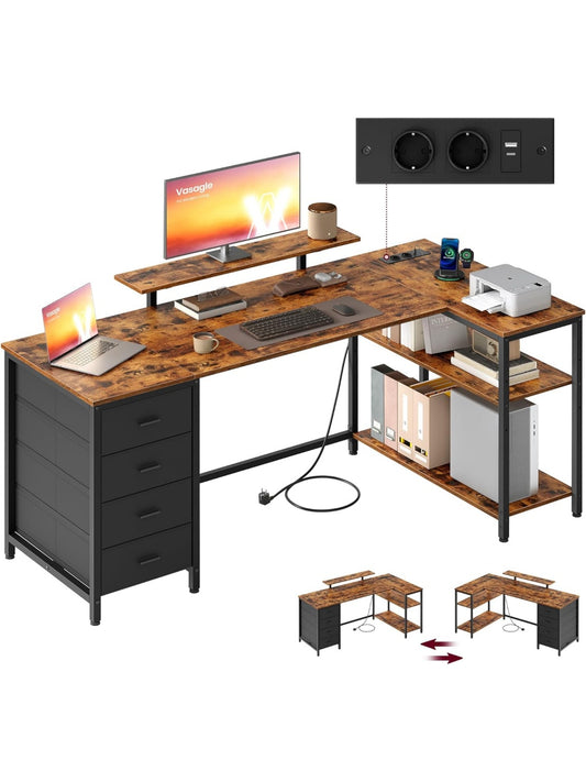 Escritorio Esquinero en Forma de L con Estantes Ajustables Cajones Integrados y Puertos USB Marron Rustico