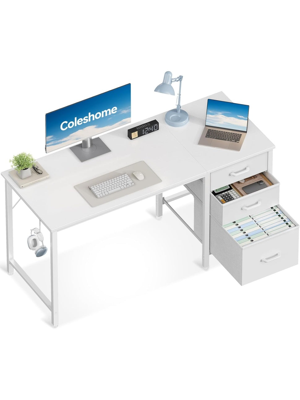 Mesa de Trabajo Reversible con Tres Cajones de Tela y Soporte para Auriculares para Despacho en Casa Blanco