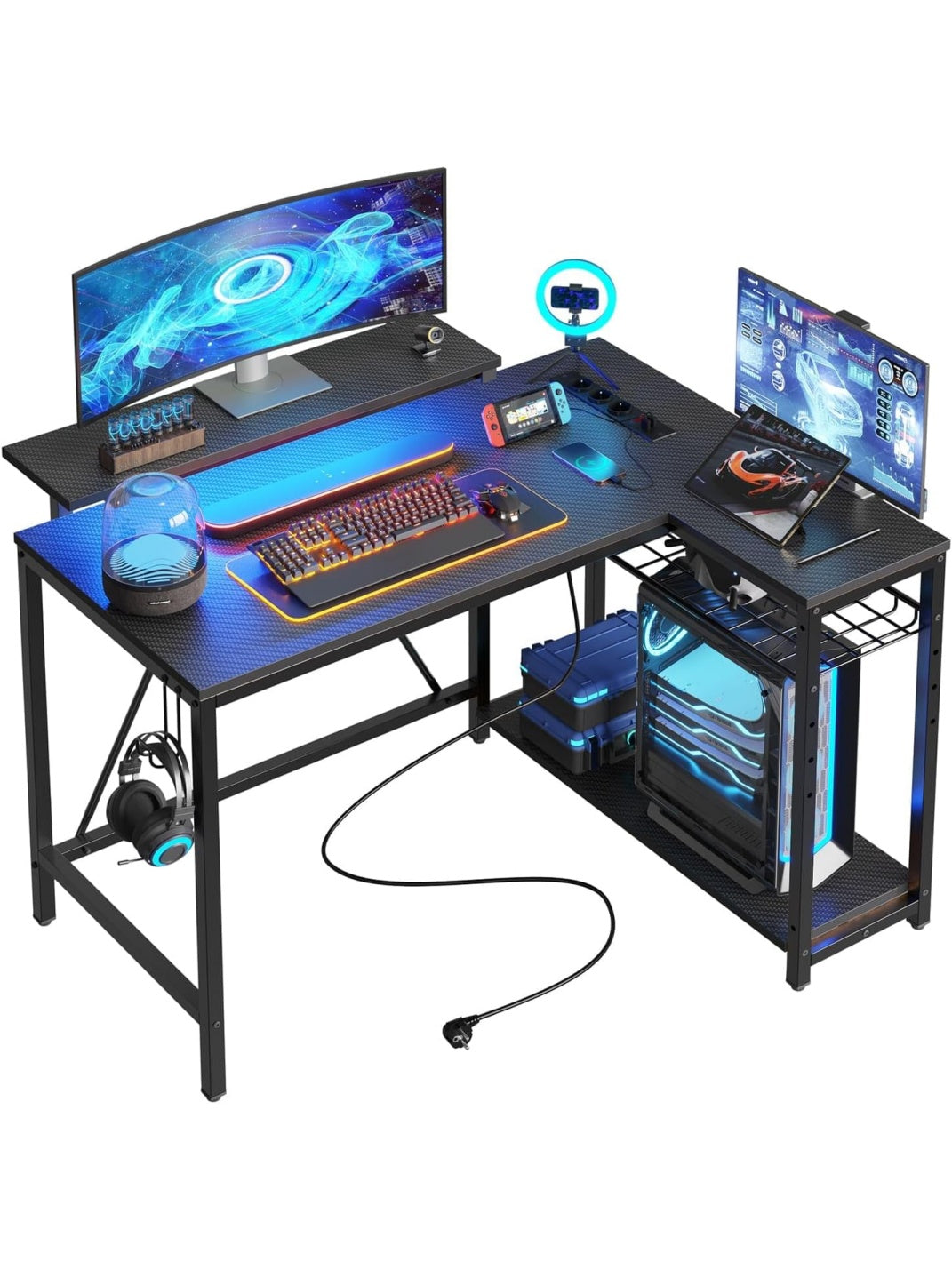 Mesa Esquinera para Ordenador con Estantes Ajustables Conexiones Electricas y Luz LED para Trabajo y Estudio