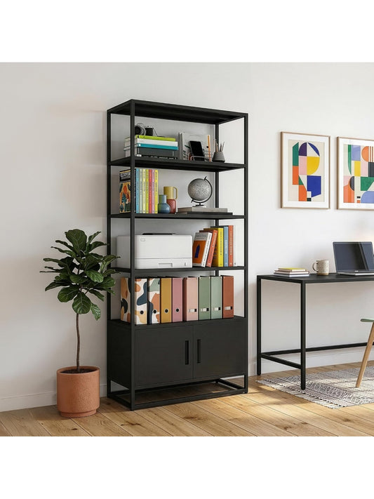 Libreria Alta de 4 Niveles con Armario Cerrado y 5 Estantes para Cocina, Oficina o Salon