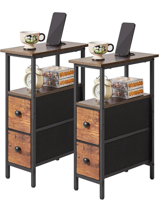 Set de Dos Mesitas Auxiliares con Cajones Tapizados para Sofa y Dormitorio
